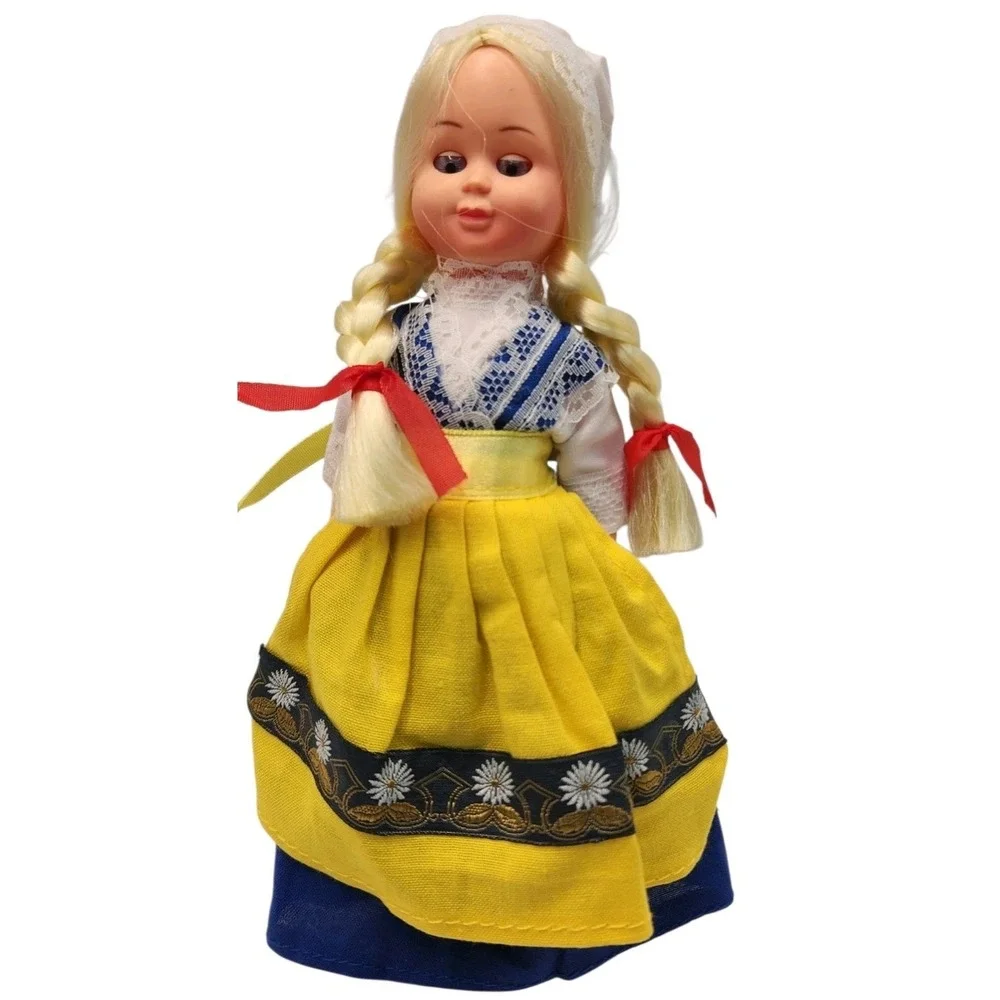 Vintage Girl Doll Braided Blonde Hair Folk Dress 7in Plastic Collectible